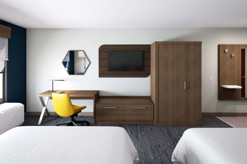 Guest room workspace and wardrobe